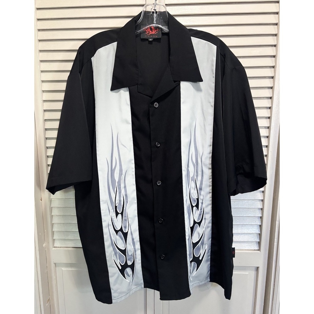 D Clothing Embroidery Flames Short Sleeve Button Up Shirt Size XL OG Classic